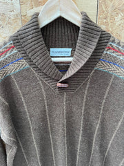 Vintage 90s brown striped grandad roll v-neck acrylic pattern slouchy jumper pullover size 50 medium