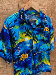 Vintage 90s rayon blue yellow palm tree Jamaica Hawaiian shirt size large