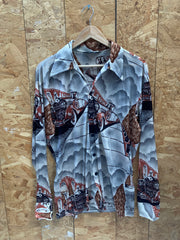 Vintage 70s brown abstract pattern long sleeve polyester shirt size large