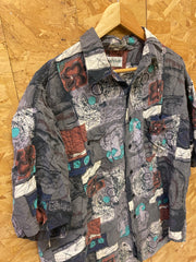 Vintage 90s ugly abstract scrapbook pattern 100% silk grungy grey brown shirt sleeve shirt size larg