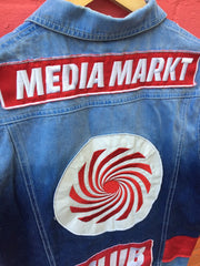 Vintage Y2K blue denim sleeveless MediaMarkt promo battle jacket red Japanese style patches size med
