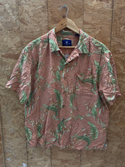 Vintage 90s 100% silk pink green hibiscus pattern Hawaiian shirt size large