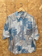 Vintage 90s men’s ugly abstract pastels pattern 100% silk beige grey blue festival short sleeve shir