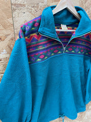Vintage 90s turquoise block panel crazy print fleece size medium