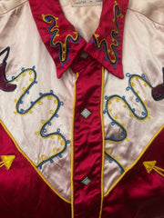 Vintage 50s satin red beige southwestern cowboy stage shirt size large