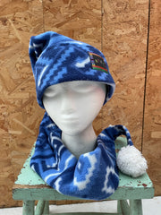 Vintage Next Blue Geometric Crazy Fleece Ski Winter Sport Hat with Pom Pom