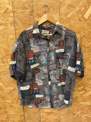 Vintage 90s ugly abstract scrapbook pattern 100% silk grungy grey brown shirt sleeve shirt size larg