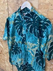 Vintage 90s teal olive green bold leaf pattern hawaiian ugly party shirt sleeve shirt by Hilo Hattie