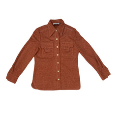 Vintage 70s brown polyester twin pocket long sleeve ladies shirt size small