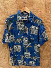 Vintage 90s viscose blue beige palm tree pattern Hawaiian shirt size large
