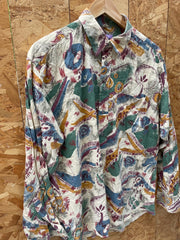 Vintage 90s yellow green beige abstract scrapbook pattern ugly print long sleeve shirt size large