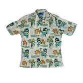 Vintage 90s beige blue swordfish floral pattern cotton Hawaiian shirt size XL