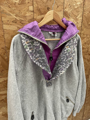 Vintage JeroNimo Fleece Pullover Sweatshirt L Grey Purple Leopard Print Collar