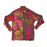 Vintage 90s bold fuschia pink green yellow floral crazy abstract pattern long sleeve rayon viscose s