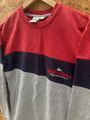 Vintage 90s grey blue red Quiksilver embroidered logo crew neck sweater size S