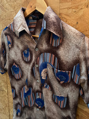 Vintage 80s nylon abstract droplets beige blue pattern shirt size small by Joel