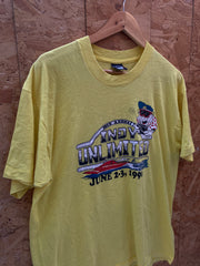 Vintage 90s yellow Indy Unlimited souvenir single stitch t-shirt size XL by BEST
