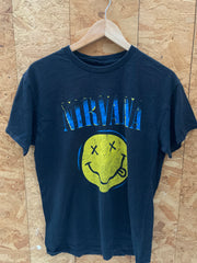 Vintage Y2K Nirvana smiley face black yellow band t-shirt size medium