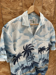 Vintage KY'S Made in Hawaii Men's Medium Blue White Palm Tree Hawaiian Shirt