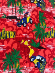 Vintage 90s red yellow green blue cars rayon soft fabric city scene palm trees  tropical hawaiian sh