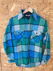 Vintage 80s wool mix heavy green blue grey chunky check western CPO shirt size medium by M Ward