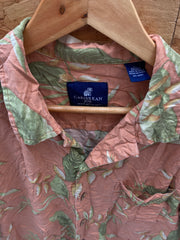 Vintage 90s 100% silk pink green hibiscus pattern Hawaiian shirt size large