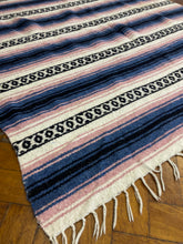 Vintage Mexican Serape Blanket Southwestern Stripes Pink Blue Black White Fringe