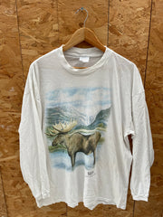 Vintage Wildlife Moose Landscape Long Sleeve Single Stitch T-Shirt White Size XL