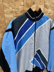 Vintage Cycling Track Jacket Blue Grey Black Geometric L