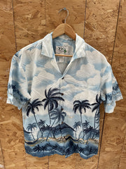 Vintage KY'S Made in Hawaii Men's Medium Blue White Palm Tree Hawaiian Shirt