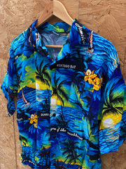 Vintage 90s rayon blue yellow palm tree Jamaica Hawaiian shirt size large