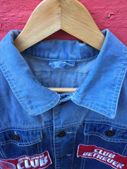 Vintage Y2K blue denim sleeveless MediaMarkt promo battle jacket red Japanese style patches size med