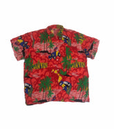 Vintage 90s red yellow green blue cars rayon soft fabric city scene palm trees tropical hawaiian sh