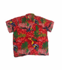 Vintage 90s red yellow green blue cars rayon soft fabric city scene palm trees  tropical hawaiian sh