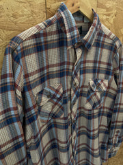 Vintage 90s beige blue check polyester cotton mix permanent press shirt size M