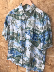 Vintage Y2K mens light green pale blue hibiscus palm trees print Hawaiian eccentric statement quirky