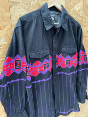 Vintage 90s black cotton western shirt with purple Aztec Navajo chest band pattern size large by Fro