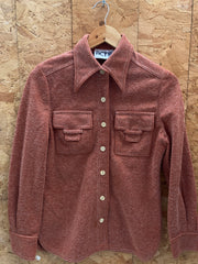 Vintage 70s brown polyester twin pocket long sleeve ladies shirt size small