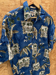 Vintage 90s viscose blue beige palm tree pattern Hawaiian shirt size large