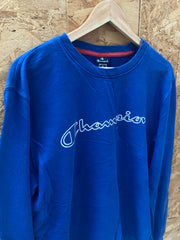 Vintage 90s blue white spell out crew neck sweater size medium by Champion