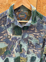 Vintage 90s blue turquoise abstract acid art ugly pattern long sleeve rayon shirt size large by Haup