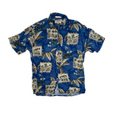 Vintage 90s viscose blue beige palm tree pattern Hawaiian shirt size large