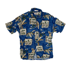 Vintage 90s viscose blue beige palm tree pattern Hawaiian shirt size large