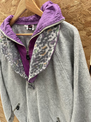 Vintage JeroNimo Fleece Pullover Sweatshirt L Grey Purple Leopard Print Collar
