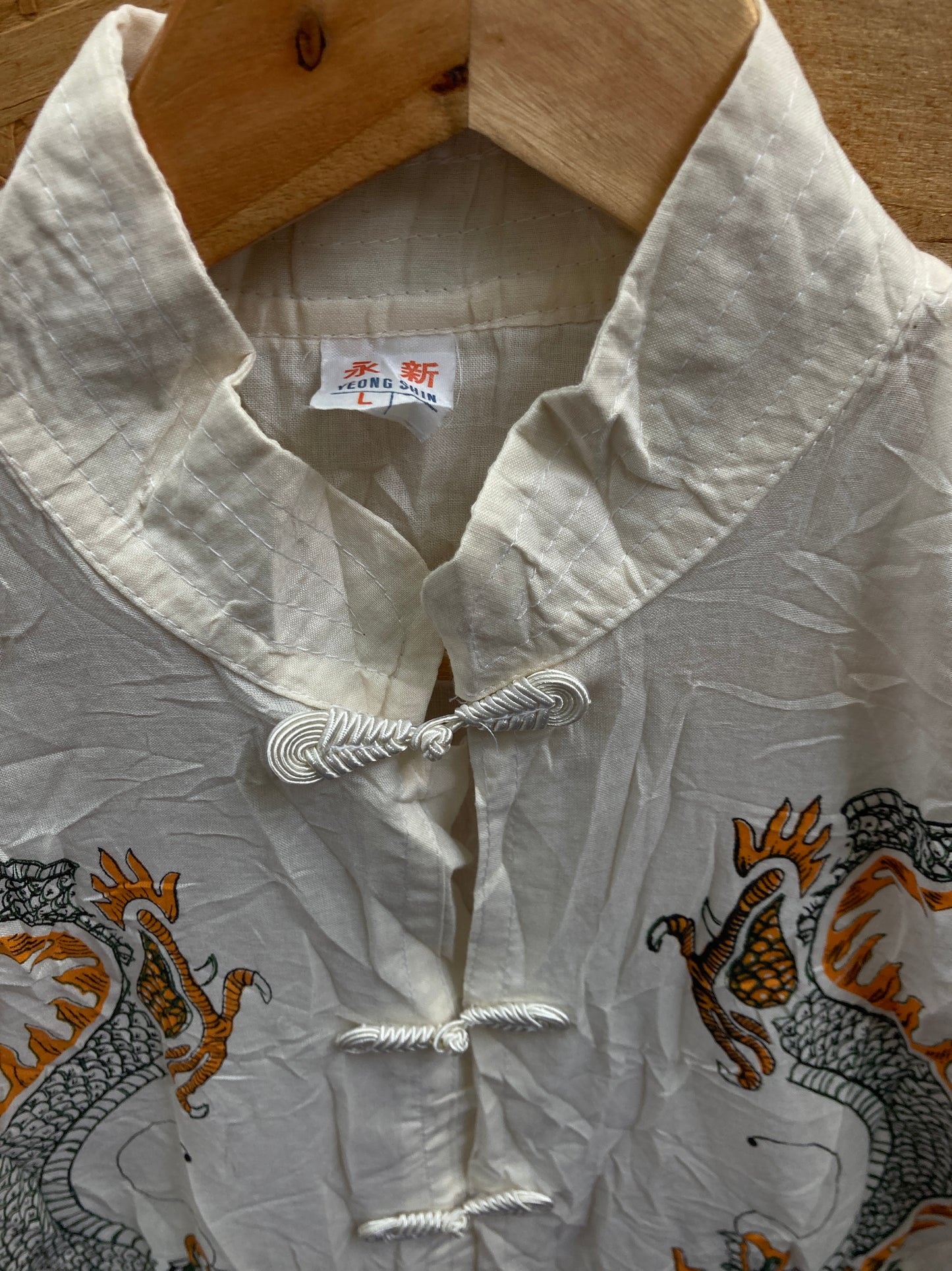 Vintage 90s cotton Chinese dragon block print traditional shirt size medium