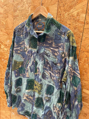 Vintage 90s blue turquoise abstract acid art ugly pattern long sleeve rayon shirt size large by Haup
