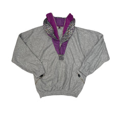 Vintage JeroNimo Fleece Pullover Sweatshirt L Grey Purple Leopard Print Collar