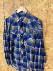 Vintage 80s beige blue brushed cotton check western twin pocket cowboy shirt size XL by Youngblood w