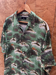 Vintage 90s rayon green brown hibiscus pattern Hawaiian shirt size XL by C&A