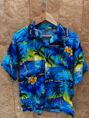 Vintage 90s rayon blue yellow palm tree Jamaica Hawaiian shirt size large